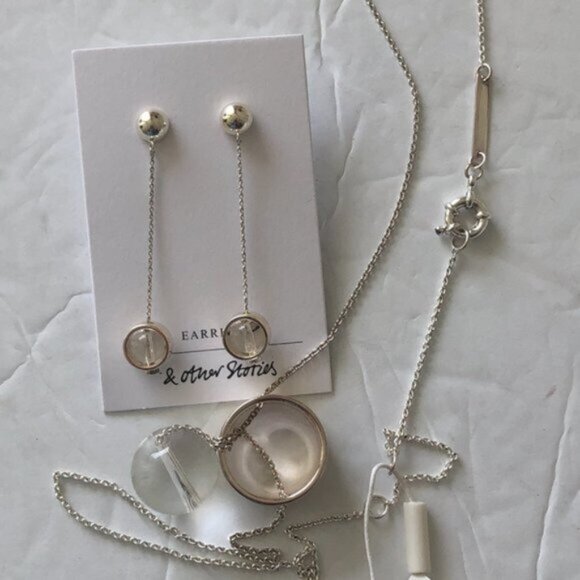 & OTHER STORIES Set of ORB PENDANT EARRINGS SILVER & Clear and Matched Necklace - Picture 8 of 10